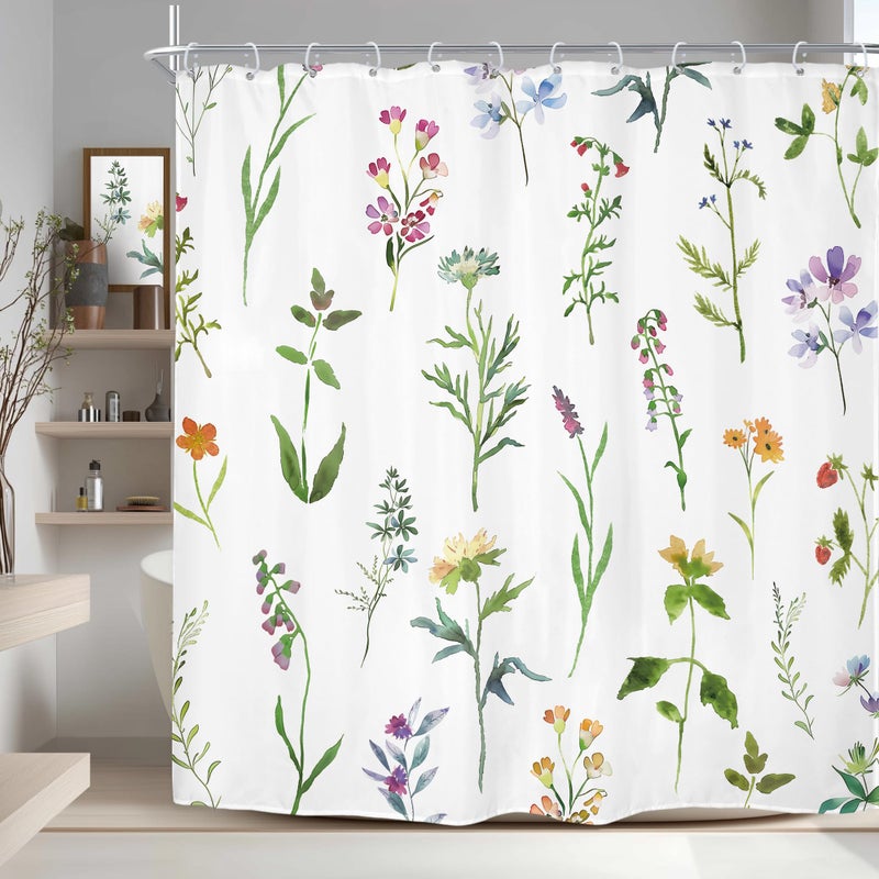 Riyidecor Botanical Shower Curtain for Bathdroom 72Wx72H Inch Watercolor Wildflower Shower Curtains Floral Leaves Plant Flower Girl Bathroom Accessories Women Fabric Waterproof 12 Plastic Shower Hooks - Image 1